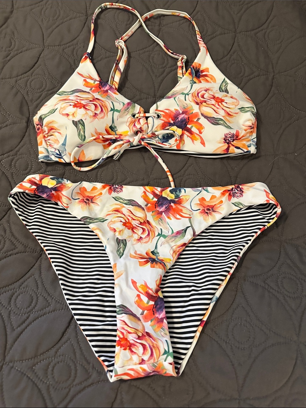 Cupshe reversible black/white striped and floral bikini